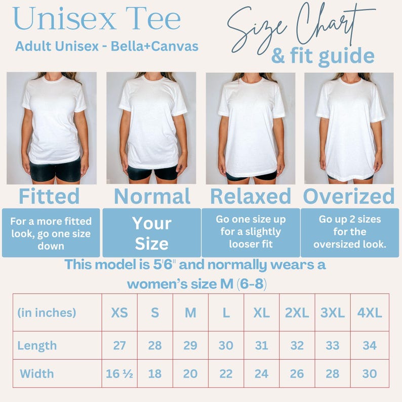Puede incluir: Tabla de tallas para una camiseta unisex, con medidas en pulgadas. La tabla incluye medidas de largo y ancho para las tallas XS a 4XL. La imagen tambi&eacute;n muestra c&oacute;mo queda la camiseta: entallada, normal, holgada y sobredimensionada.