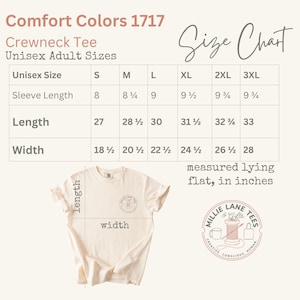 May include: A Comfort Colors 1717 crewneck tee size chart for unisex adult sizes. The table displays sleeve length, body length, and width measurements in inches for sizes S through 3XL. A cream-colored t-shirt is shown with length and width labels.