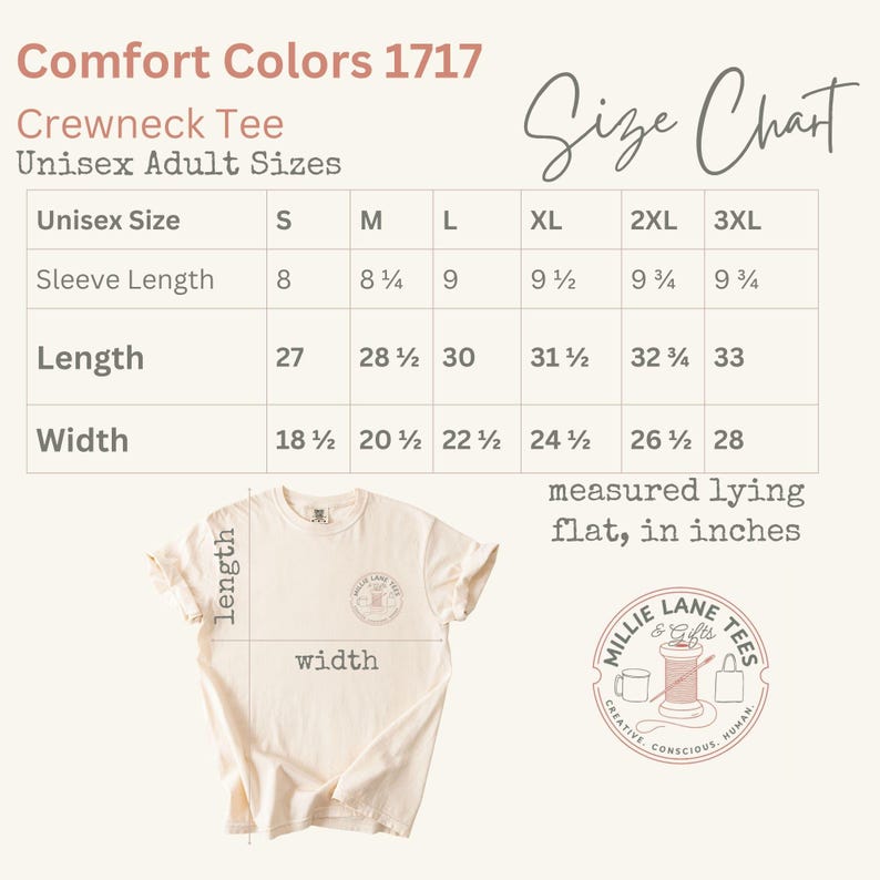 May include: A Comfort Colors 1717 crewneck tee size chart for unisex adult sizes. The table displays sleeve length, body length, and width measurements in inches for sizes S through 3XL. A cream-colored t-shirt is shown with length and width labels.