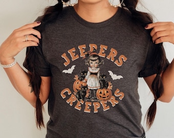 Vintage Halloween Black Cats TShirt, Spooky Season Crewneck Tee Shirt, 1950s-inspired T Shirt, Cat Lover Retro Halloween Graphic Tee