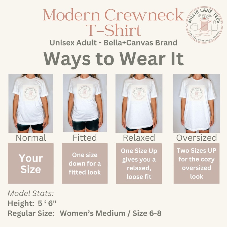 May include: A white crewneck t-shirt shown in four different fits: normal, fitted, relaxed, and oversized. The text reads Modern Crewneck T-Shirt, Ways to Wear It, and includes model stats of 5' 6" height and a regular size of medium.