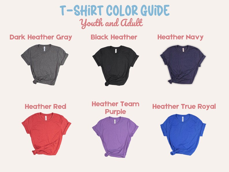 Puede incluir: Gu&iacute;a de colores de camisetas para j&oacute;venes y adultos. La gu&iacute;a muestra seis colores diferentes de jaspeado: gris jaspeado oscuro, jaspeado negro, azul marino jaspeado, rojo jaspeado, morado jaspeado de equipo y azul real jaspeado.