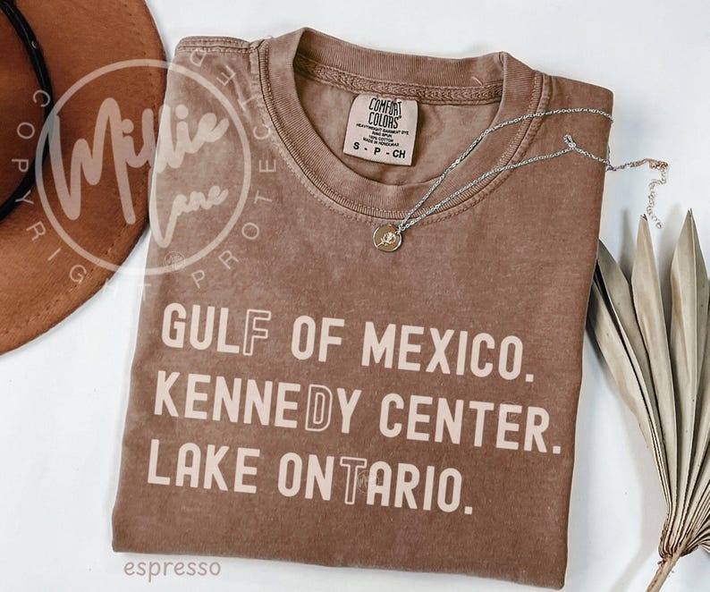 May include: A brown short-sleeved t-shirt with a crew neckline featuring the text GULF OF MEXICO. KENNEDY CENTER. LAKE ONTARIO. printed in a light beige color. The shirt has a visible brand label on the inside collar and a faded, washed-out finish.