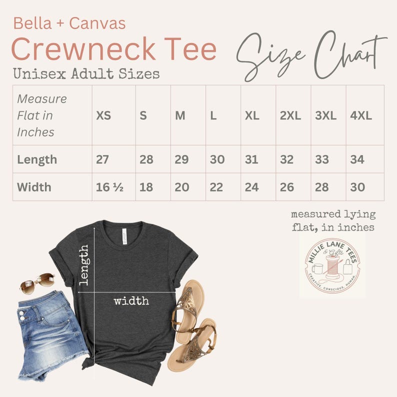 May include: A Bella + Canvas crewneck tee size chart for unisex adult sizes. The chart displays length and width measurements in inches for sizes XS through 4XL. A dark gray t-shirt, blue denim shorts, and tan sandals are shown below the chart.