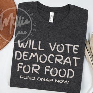 May include: Dark gray t-shirt with the text "WILL VOTE DEMOCRAT FOR FOOD" in white, with "FUND SNAP NOW" below. The shirt is made of a soft material. A brown hat and dried plant are in the background.