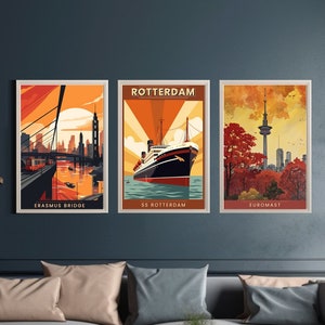 Carteles de viajes de Rotterdam, conjunto de 3 impresiones de arte holandés, arte neutro vintage, cartel de los Países Bajos, arte de viaje imprimible, descarga digital