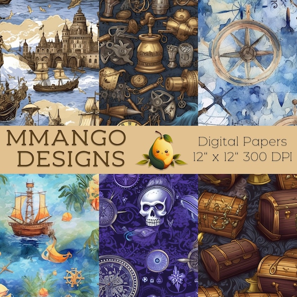 Pirate Caribbean Digital Paper | Set of 6 | Ship, Navigation, Skull, Treasure Chest | Seamless backgrounds | Printable | Instant Download