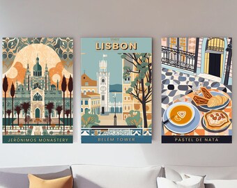 Lisbon Travel Posters, Set of 3 Portuguese Art Prints, Vintage Neutral Art, Lisbon Portugal Poster, Printable Travel Art, Digital Download