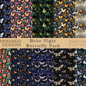 Carta digitale Boho Night Butterfly / Confezione da 10 / Farfalle, Fiori, Natura, Vintage / Sfondi senza soluzione di continuità / Stampabile / Download istantaneo