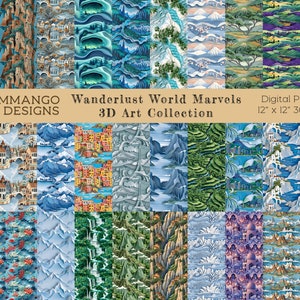 Wanderlust World Marvels digitaal papier | Pakket van 30 | Reizen, adembenemend uitzicht, schilderachtig | Naadloze achtergronden | Afdrukbaar | Direct downloaden
