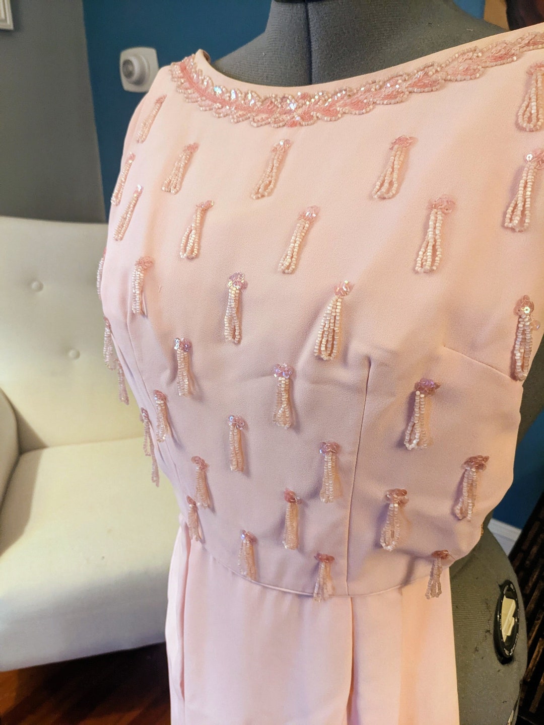 1960s Pale Pink Evening Gown with Beaded Bodice