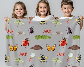Personalized name blanket for boy Bug theme room decor Personalized birthday gift for insect lover Christmas gift for toddler child