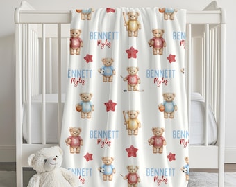 Personalized teddy bear sports baby blanket with name Sports nursery decor Custom baby shower gift Christmas birthday gift for toddler boy