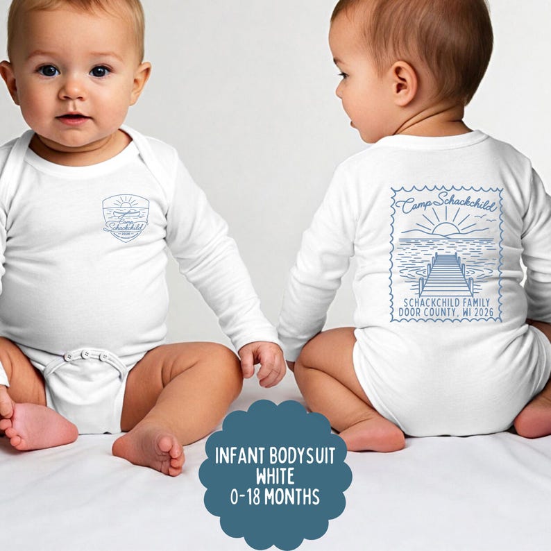May include: A white long-sleeve infant bodysuit featuring a blue graphic on the chest and back. The chest graphic shows a shield with a boat and the text Camp Schackchild. The back graphic resembles a postage stamp with a dock, sun, and text.