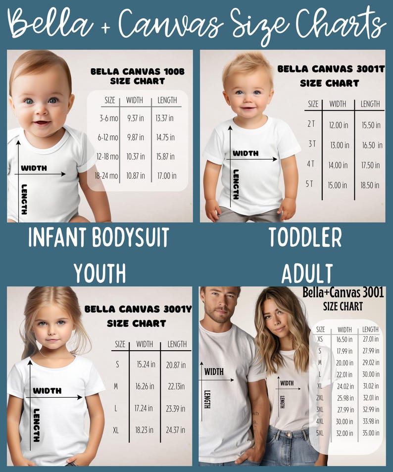 May include: A Bella + Canvas size chart graphic featuring four sections for infant, toddler, youth, and adult apparel. Each section displays a model wearing a white t-shirt or bodysuit with width and length measurement arrows and corresponding tables in inches.
