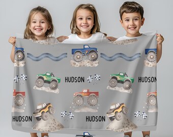 Personalized monster truck blanket for boy Custom name blanket birthday gift for truck lover Christmas gift for toddler