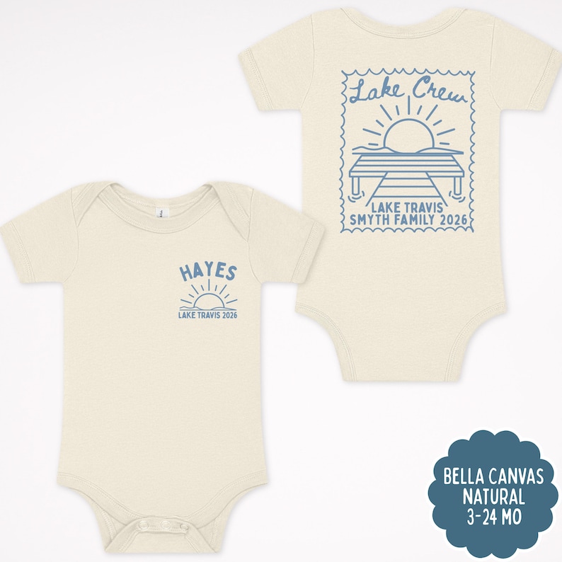 May include: Two natural-coloured baby bodysuits with short sleeves. The left bodysuit features a small blue graphic of a sun and the text "HAYES LAKE TRAVIS 2026". The right bodysuit displays a large blue stamp-style graphic of a dock and sun.