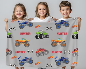 Personalized monster truck blanket for boy Custom name blanket birthday gift for truck lover Christmas gift for toddler