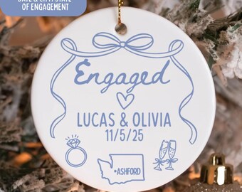 Engagement Christmas ornament, Gift for newly engaged couple, Personalized engagement ornament with location