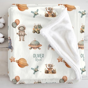Personalized astronaut baby boy blanket, Space nursery decor, Custom baby shower gift, Outer space toddler blanket with name