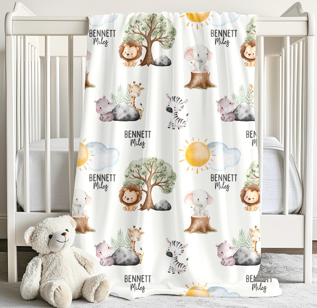 Personalized Baby Boy Safari Animal Blanket, Custom Baby Shower Gift ...