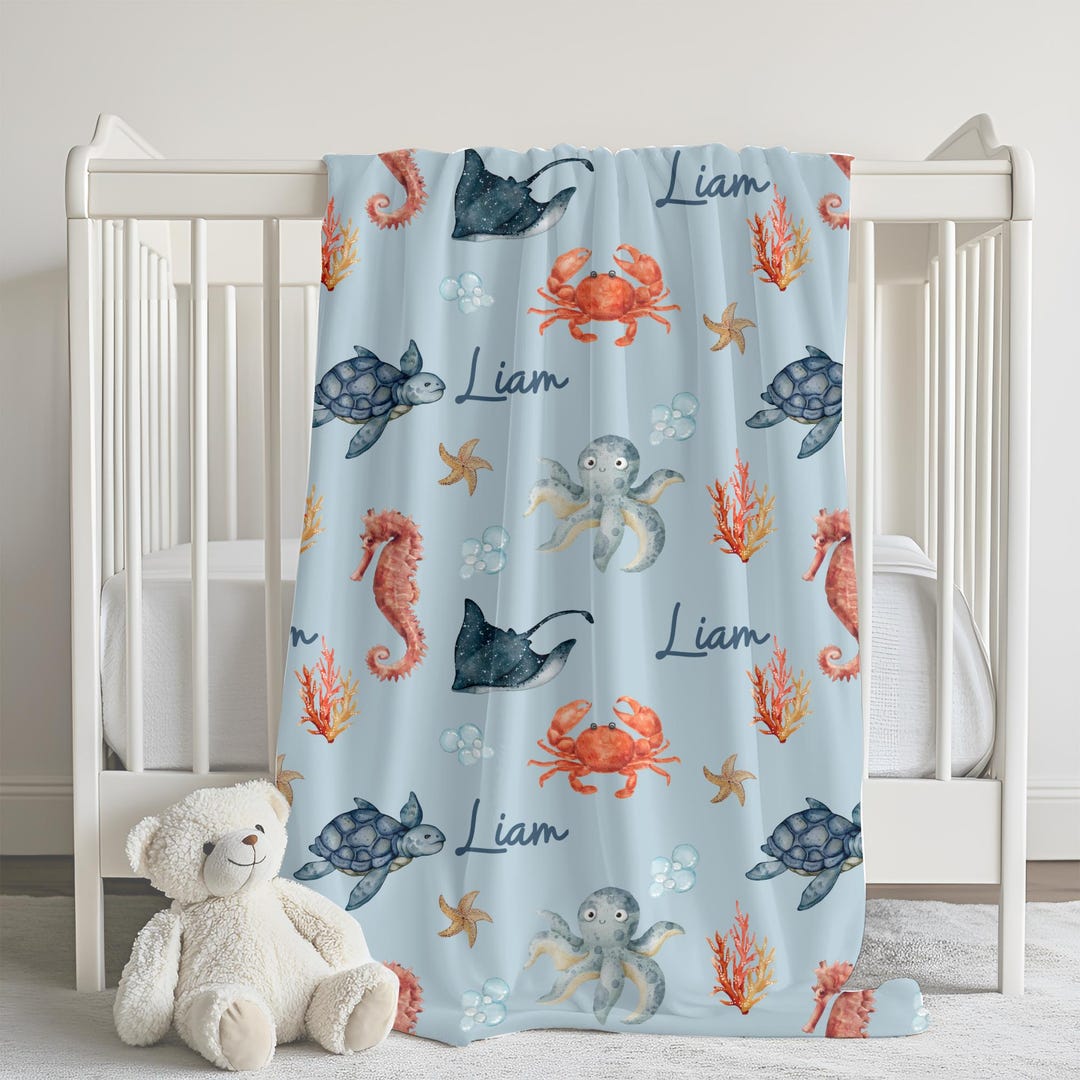 Personalized Ocean Animals Blanket With Name Sea Life Themed Nursery ...