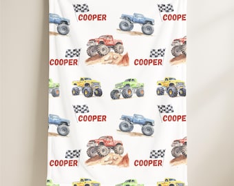 Personalized monster truck blanket, Custom birthday gift for truck lover boy, Toddler name blanket