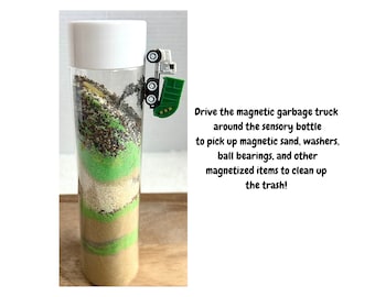 Garbage truck sensory bottle, Magnetic sand, Calm down bottle, Fidget toy, I Spy bottle, Fine motor, Occupational therapy, ADHD Autism tool