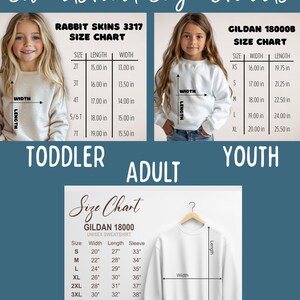 May include: A graphic showing three sweatshirt size charts for toddler, youth, and adult sizes. The charts include measurements in inches for Rabbit Skins 3317, Gildan 18000B, and Gildan 18000 unisex sweatshirts.