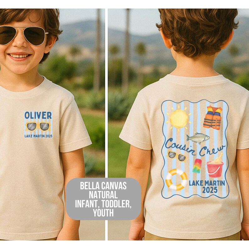 May include: Beige t-shirts with front and back graphics. The front features the name "OLIVER" above sunglasses and "LAKE MARTIN 2025." The back displays "Cousin Crew" with summer icons and "LAKE MARTIN 2025."