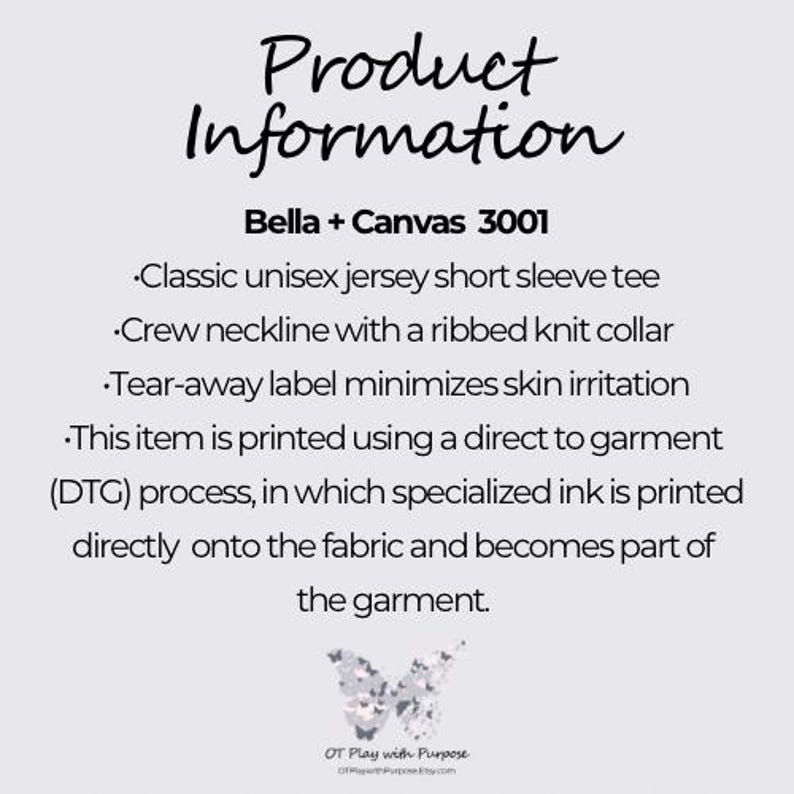 May include: Product information for a Bella + Canvas 3001 unisex short sleeve t-shirt. The text describes the shirt as a classic jersey tee with a crew neckline and a ribbed knit collar. It also mentions a tear-away label to minimize skin irritation and a direct-to-garment printing process.