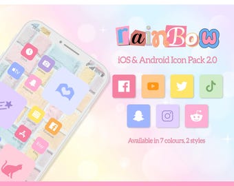 Op de afbeelding: Een digitaal icoonpakket voor iOS en Android met de tekst "rainBow" en "iOS & Android Icon Pack 2.0". De afbeelding toont een smartphonescherm met pastelkleurige app-iconen en een raster van social media logo's in diverse zachte tinten.