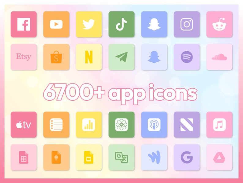 Op de afbeelding: Een verzameling kleurrijke app-pictogrammen, waaronder populaire sociale media-platforms zoals Facebook, Twitter, Instagram en TikTok, evenals andere apps zoals Etsy, Spotify en Google Drive. De tekst "6700+ app-pictogrammen" wordt in roze weergegeven.