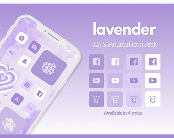 Op de afbeelding: Een iconenpakket met lavendelthema voor iOS en Android met vier verschillende stijlen. Het iconenpakket bevat iconen voor Facebook, YouTube en Google. De tekst "lavender" en "iOS & Android Icon Pack" wordt weergegeven in wit op een paarse achtergrond.