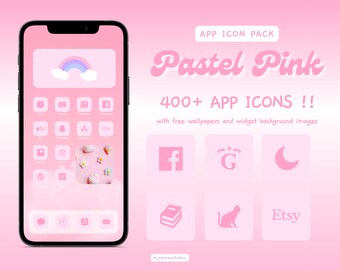 Op de afbeelding: Een roze en wit telefoonscherm met een pastelroze achtergrond en een regenboogpictogram. Het scherm toont een raster met app-pictogrammen, waaronder Facebook, Instagram, Etsy en meer. De tekst "Pastel Pink" en "400+ APP ICONS!!" wordt bovenaan het scherm weergegeven.
