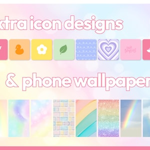 Op de afbeelding: Een verzameling kleurrijke telefoonachtergronden en pictogramontwerpen met regenbogen, sterren, bloemen en andere schattige illustraties. De tekst "extra icon designs & phone wallpapers!" wordt bovenaan de afbeelding weergegeven.