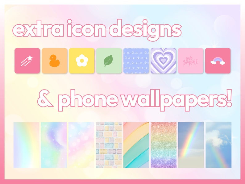 Op de afbeelding: Een verzameling kleurrijke telefoonachtergronden en pictogramontwerpen met regenbogen, sterren, bloemen en andere schattige illustraties. De tekst "extra icon designs & phone wallpapers!" wordt bovenaan de afbeelding weergegeven.