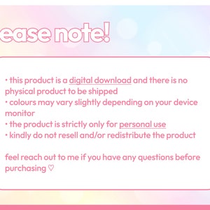 Op de afbeelding: Roze en witte tekst op een roze en witte achtergrond met de tekst "please note!" bovenaan. De tekst hieronder luidt: "Dit product is een digitale download en er is geen fysiek product dat wordt verzonden. Kleuren kunnen enigszins vari&euml;ren, afhankelijk van het scherm van uw apparaat. Het product is uitsluitend voor persoonlijk gebruik. Herverkoop en/of herdistributie van het product is niet toegestaan. Neem gerust contact met me op als u vragen heeft voordat u koopt♡."