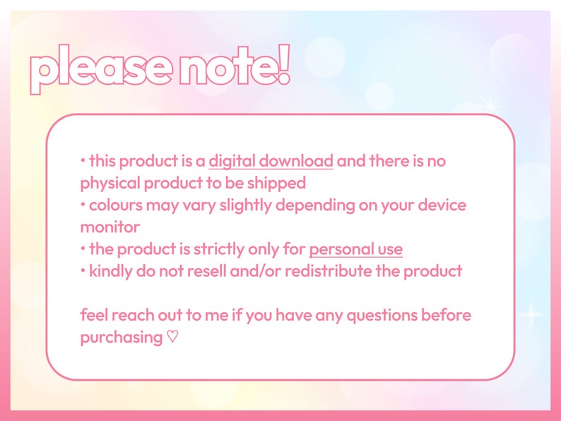 Op de afbeelding: Roze en witte tekst op een roze en witte achtergrond met de tekst "please note!" bovenaan. De tekst hieronder luidt: "Dit product is een digitale download en er is geen fysiek product dat wordt verzonden. Kleuren kunnen enigszins vari&euml;ren, afhankelijk van het scherm van uw apparaat. Het product is uitsluitend voor persoonlijk gebruik. Herverkoop en/of herdistributie van het product is niet toegestaan. Neem gerust contact met me op als u vragen heeft voordat u koopt♡."