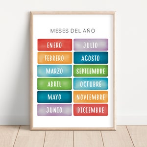 Meses Del Año, Meses educativos en español, Arte de pared imprimible, Decoración de guardería Montessori Homeschool, Arte de pared de arco iris, Descarga digital