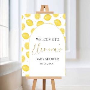 Signo de bienvenida editable de limones baby shower, cartel de limonada amarilla, signo de bienvenida neutral de género ABS126