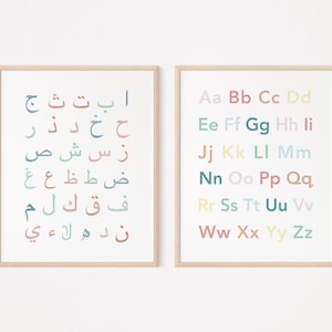 Peut inclure: Deux impressions encadrées, l'une avec l'alphabet arabe en couleurs pastel et l'autre avec l'alphabet anglais en couleurs pastel. L'impression de l'alphabet arabe a un cadre brun clair et l'impression de l'alphabet anglais a un cadre en bois clair.