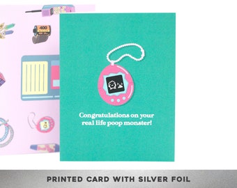 SILVER FOIL Poop Monster!, 90s card, Thinking of You Card, Newborn card, Congratulations card, Baby card, Tamagotchi