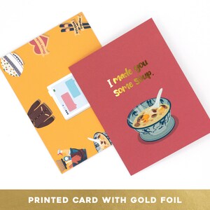 FEUILLE D'OR Je t'ai préparé une soupe, carte d'envoi d'amour, carte Je pense à toi, carte d'amour, carte tu m'as manqué, carte pour un ami