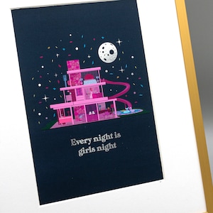 SILBERFOLIE Every Night is Girls Night, 90er Jahre Wandkunst, Einweihungsparty, Traumhaus physischer Druck, neues Zuhause Illustration