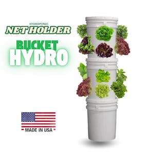 May include: A hydroponic net holder system with the text "HYDRO, BUCKET, NET HOLDER". The system is made of white buckets stacked on top of each other, with various types of lettuce growing from the sides. The American flag and "MADE IN USA" are also visible.