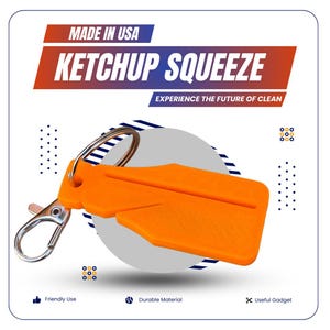 Puede incluir: Herramienta de plástico naranja para exprimir ketchup con un llavero plateado. La herramienta está diseñada para ayudarte a exprimir el ketchup de una botella sin hacer un desastre. El texto en la imagen dice "Made in USA, Ketchup Squeeze, Experience the Future of Clean".