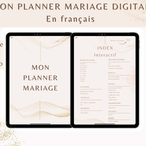 Könnte beinhalten: Ein digitaler Hochzeitsplaner auf Französisch, angezeigt auf einem Tablet mit goldenem Glitzerhintergrund. Der Planer enthält Abschnitte für Retro-Planung, Planung, Budget, Einladungen, Moodboard, Sticker und Notizen.