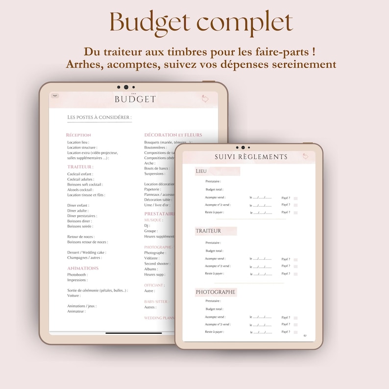 budget de mariage complet, postes de dépenses, suivi des règlements mariage, wedding planner, digital planner template à compléter en français