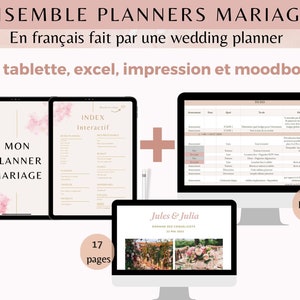 Könnte beinhalten: Ein digitaler Hochzeitsplaner auf Französisch mit einem rosa-weißen Farbschema. Der Planer beinhaltet ein Tablet, eine Excel-Tabelle, druckbare Seiten und ein Moodboard. Der Text auf dem Bild lautet "Ensemble Planners Mariage", "En français fait par une wedding planner", "Lot: tablette, excel, impression et moodboard", "45 pages", "MON PLANNER MARIAGE", "INDEX Interactif", "17 pages", "Jules & Julia", "Domaine des Coquelicots", und "Excel".